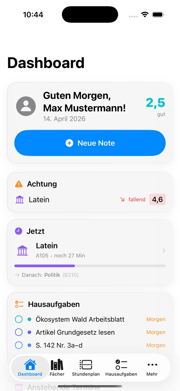 Notencheck App-Dashboard: Gesamtdurchschnitt, Fächer und Hausaufgaben im Überblick