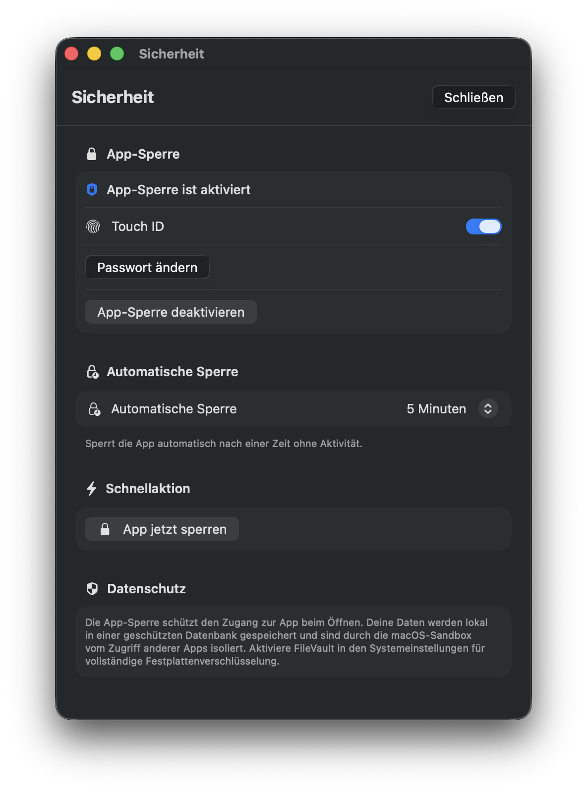NotenPilot Sicherheitseinstellungen: App-Sperre mit Face ID/Touch ID und Auto-Lock