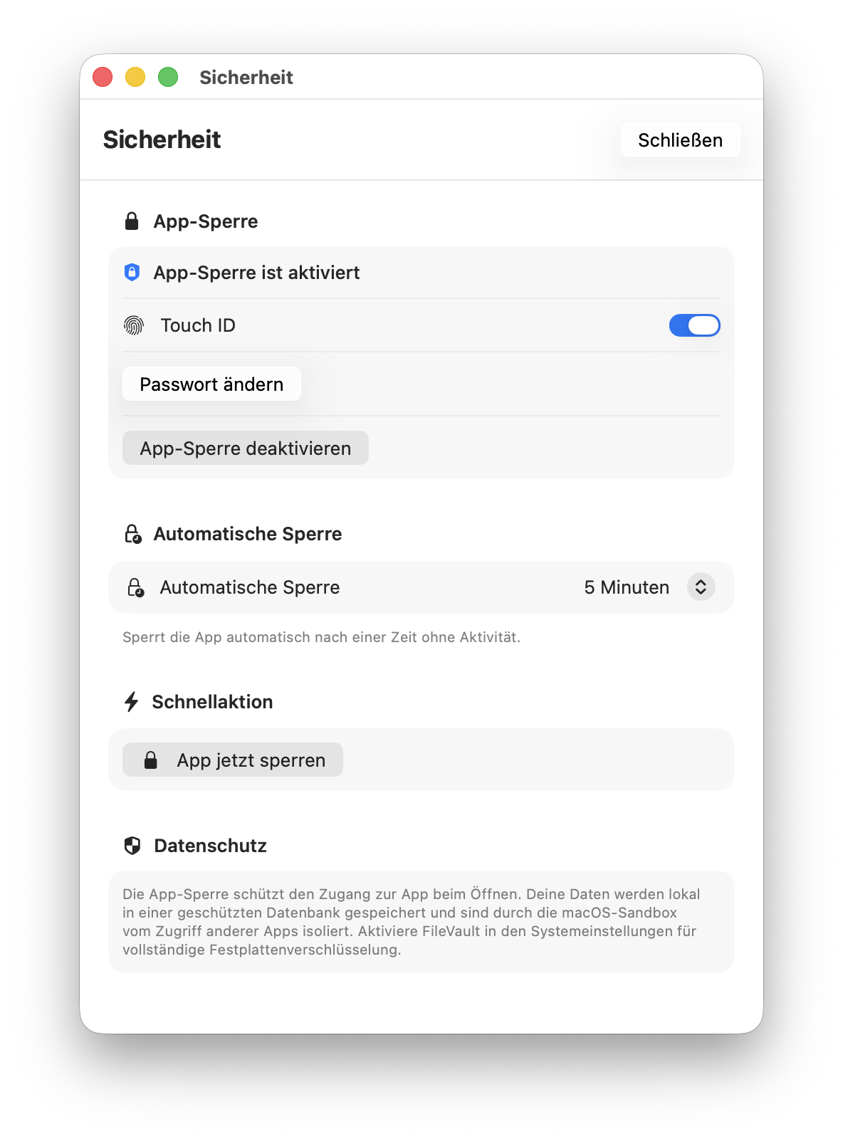 NotenPilot Sicherheitseinstellungen: App-Sperre mit Face ID/Touch ID und Auto-Lock